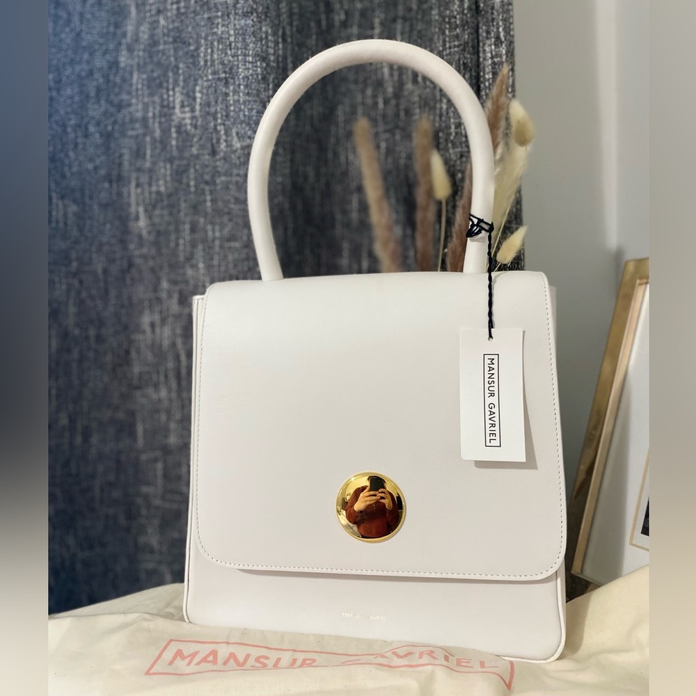 Mansur Gavriel White Top Handle Leather Bag with Gold Hardware